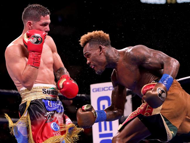Jermell Charlo (R) and Brian Castano (L) exchange punches during their Super Welterweight fight at AT & T Center on July 17, 2021. Picture: Edward A. Ornelas/Getty Images/AFP