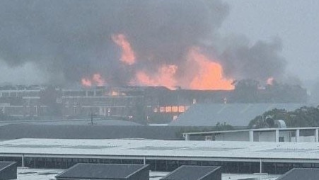 The blaze which destroyed three warehouses at Wickham. Picture: Fire and Rescue NSW.