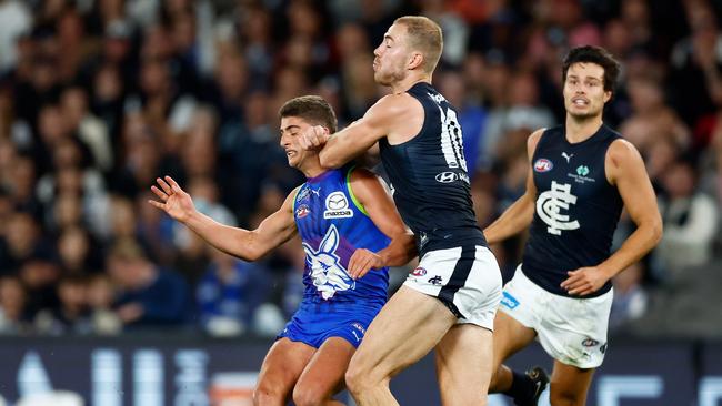 Harry Sheezel is taken high by Harry McKay. Picture: Getty Images