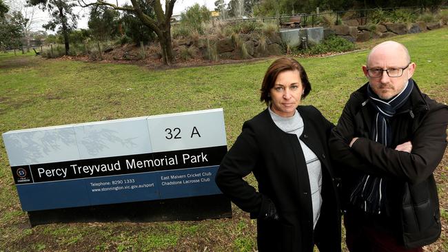 Denise Wallish and Stonnington Ratepayers president Dean Hurlston have been longtime campaigners against the stadium at Percy Treyvaud Memorial Park. Picture: Hamish Blair