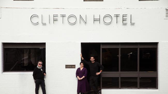 PUBLIC and Grossi Group opened Clifton Hotel in Melbourne with Guy Grossi, Liz Rodriguez and Jon Adgemis: Picture: Supplied