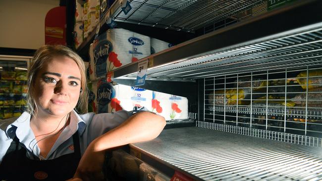 IGA Maroochydore grocery manager Casey Lewis has sold out of hand sanitisers and face masks as locals panic-buy amid coronavirus fears. Picture: John McCutcheon