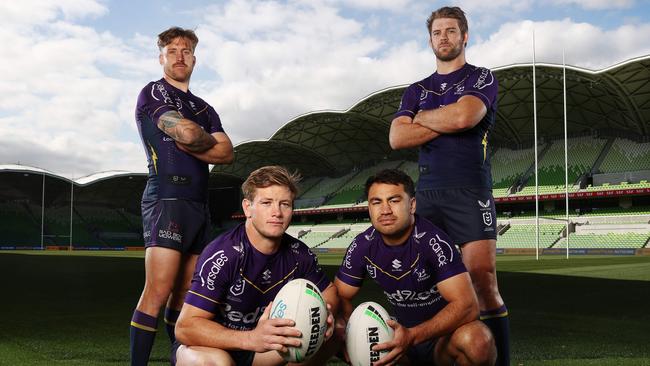 MELBOURNE, AUSTRALIA - September 11 , 2023. NRL . Melbourne Storms Cam Munster, Harry Grant, Jahrome Hughes and Christian Welch are ready for business ahead of Storm's home semi-final against the Roosters this Friday at AAMI Stadium .  Photo by Michael Klein.