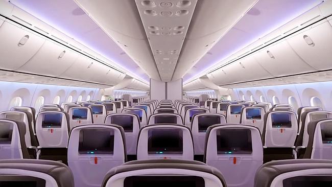 The economy class cabin on  Jetstar's new Boeing 787 Dreamliner.