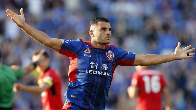 Andrew Nabbout celebrates a goal against Adelaide United. Picture: AAP