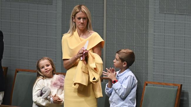 Laura Chalmers and her children wait for Federal Treasurer Jim Chalmers. Picture: NCA NewsWire / Martin Ollman