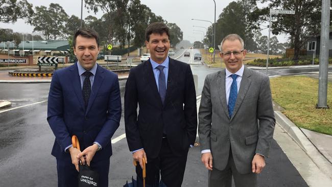 Campbelltown Mayor George Brticevic, Hume federal Liberal MP Angus Taylor and federal Urban Infrastructure Minister Paul Fletcher. Picture: Daniel Zautsen