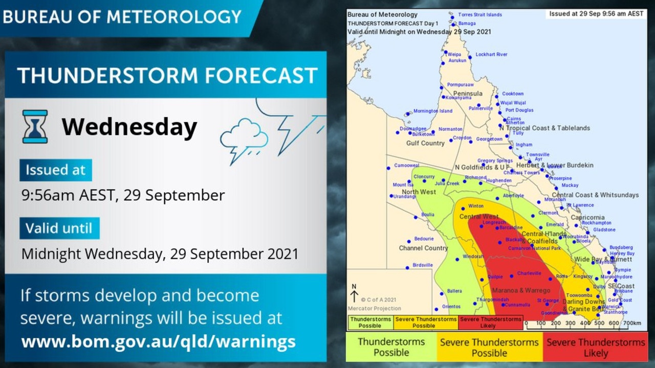 BOM has issued a severe thunderstorm warning for damaging winds and large hailstones for people in parts of Maranoa and warrego and Darling Downs and Granite Belt forecast districts.