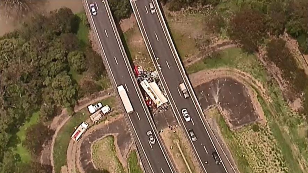 A semi-trailer has come off the Logan Motorway at Tanah Merah, south of Brisbane.