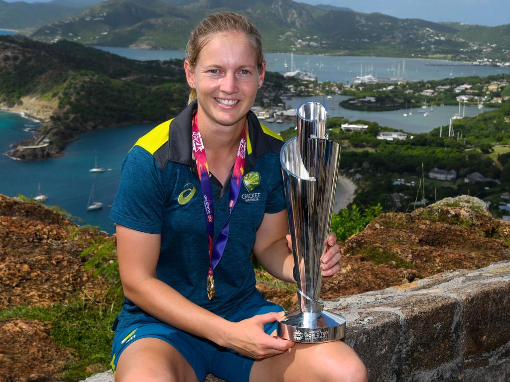 Meg Lanning with the World T20 trophy at Shirley Heights, English Harbour, Antigua and Barbuda. Pic: AFP