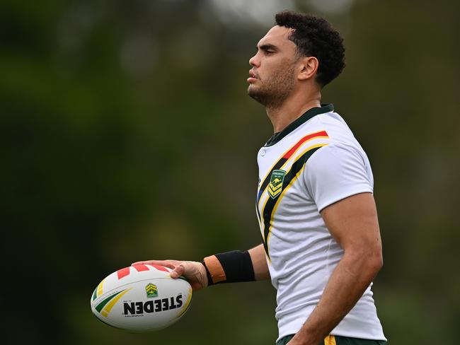 BRISBANE, AUSTRALIA - OCTOBER 13: Xavier Coates looks on during a Australia Kangaroos training session at Norths Devils on October 13, 2024 in Brisbane, Australia. (Photo by Albert Perez/Getty Images)