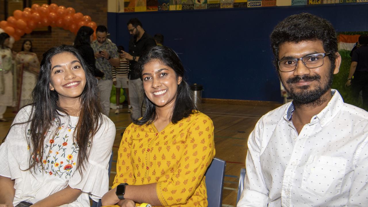 ( from left ) Mithu Varghese, Minna Jelson and Naveen Bhukya at the Indian Independence Day celebrations. Saturday, August 21, 2021. Picture: Nev Madsen.