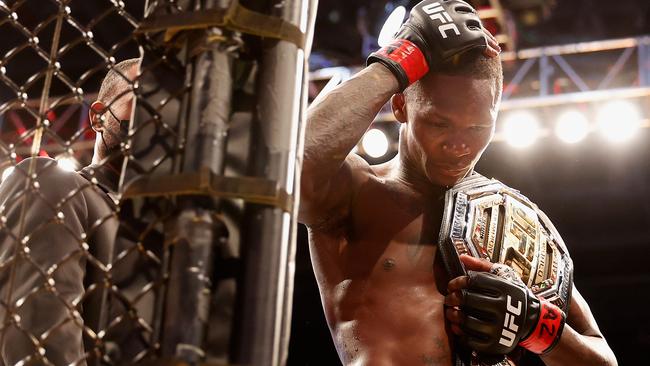 Israel Adesanya reacts after defeating Italy’s Marvin Vettori.