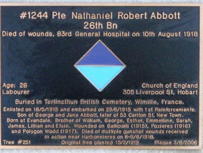 Private Abbott’s plaque on the Soldiers’ Memorial Avenue