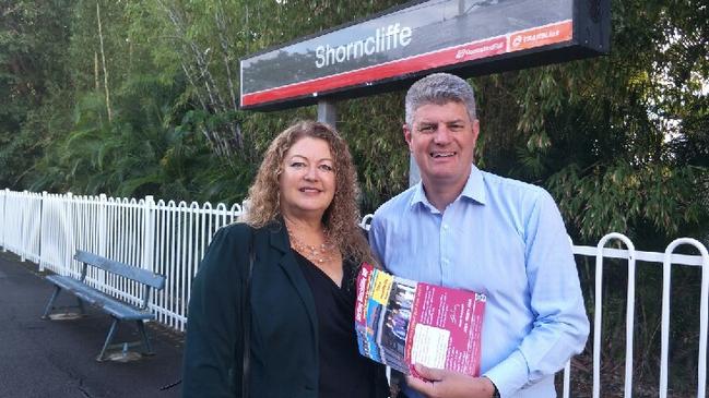 Shorncliffe resident Sharon Westwood and Member for Sandgate Stirling Hinchliffe are excited that the 7.39am train from Shorncliffe to the city will return on May 13.