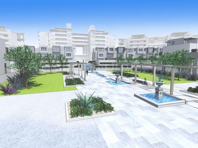 A brochure image of the estate promised — a wonderful urban community with fountains and a sparkling pool.