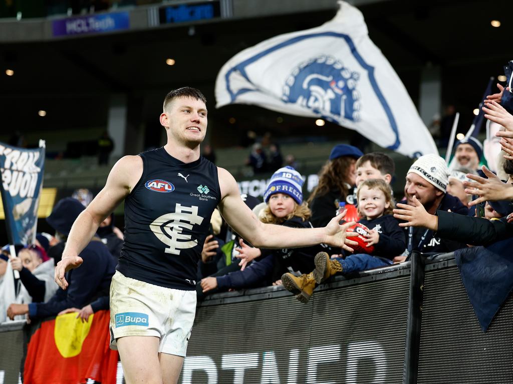 Sam Walsh celebrates after his side’s win over Richmond. Picture: Michael Willson/AFL Photos via Getty Images.