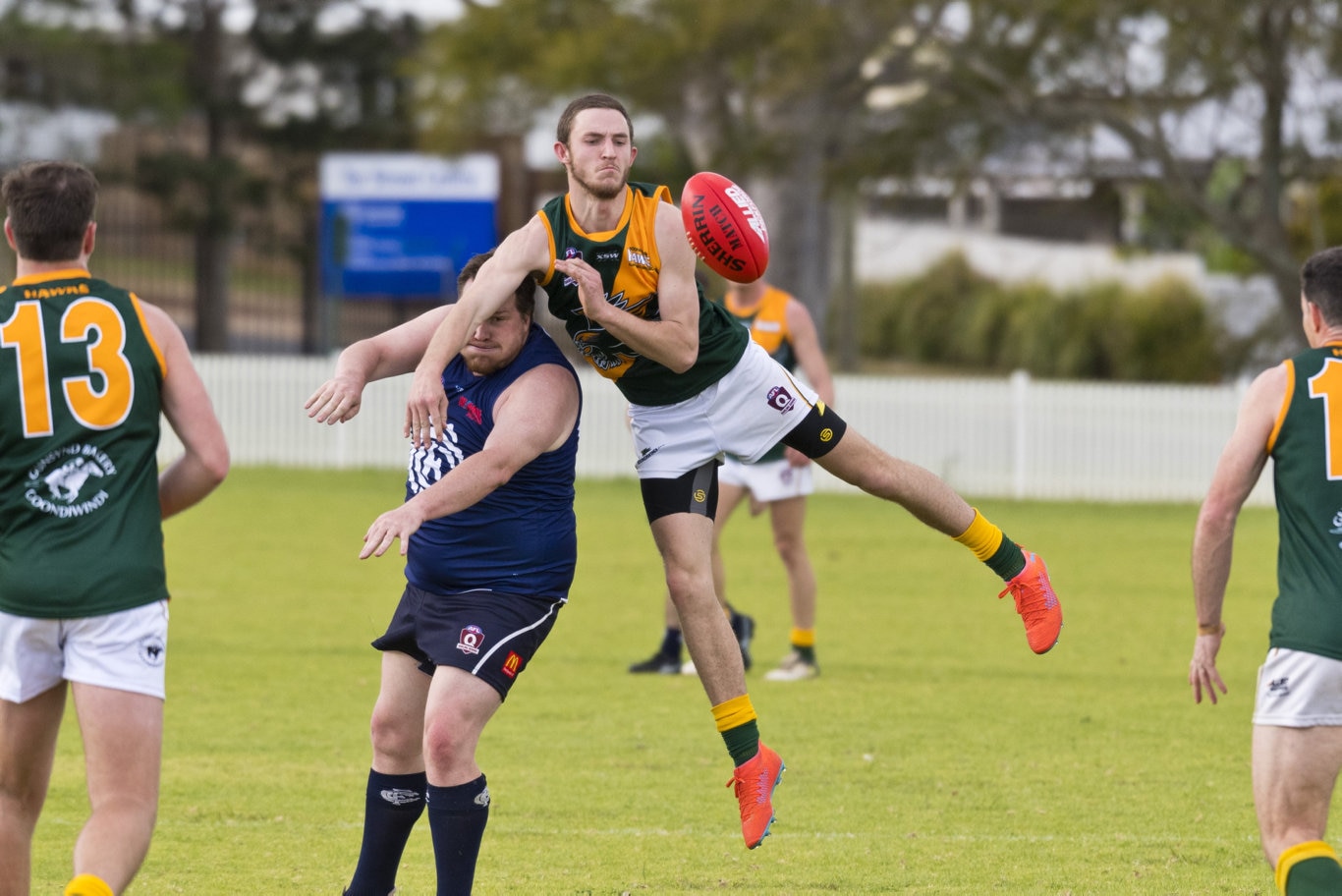 Christopher Janetzki (left) of Coolaroo and Brock McNaughton of Goondiwindi in AFL Darling Downs round one at Rockville Oval, Saturday, July 11, 2020. Picture: Kevin Farmer