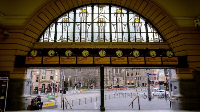 An empty Flinders St Station during stage four lockdown. Picture: Jay Town