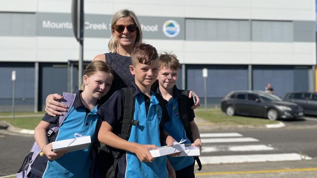 Mountain Creek State School students Macy, Hank and Hugo Marriott with their mum, Steph Marriott. Photo: Asa Andersen.