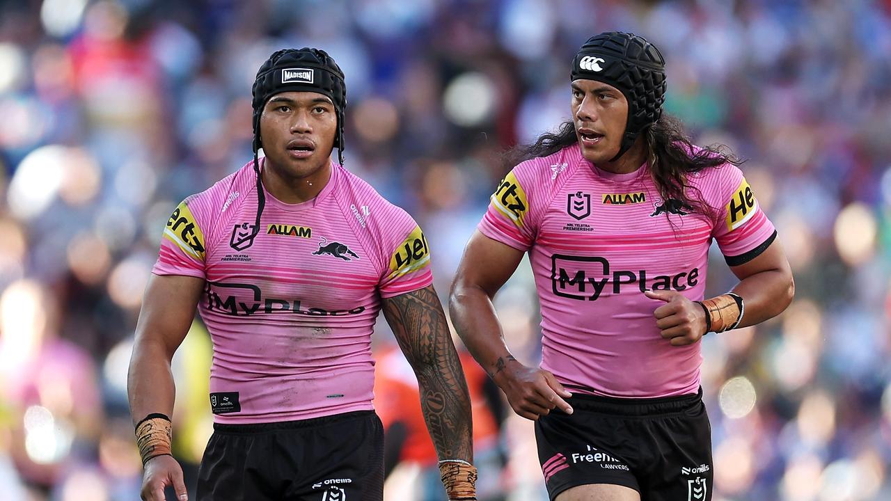 BRISBANE, AUSTRALIA – MAY 19: Brian To'o and Jarome Luai of the Panthers speak during the round 11 NRL match between New Zealand Warriors and Penrith Panthers at Suncorp Stadium, on May 19, 2024, in Brisbane, Australia. (Photo by Hannah Peters/Getty Images)