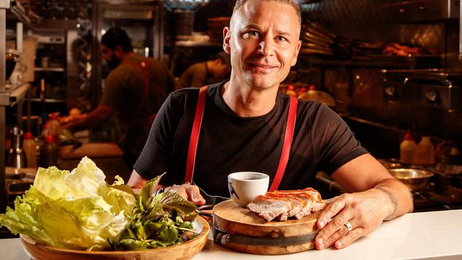 Nic Watt’s crispy pork belly, lettuce cups and fragrant herbs.