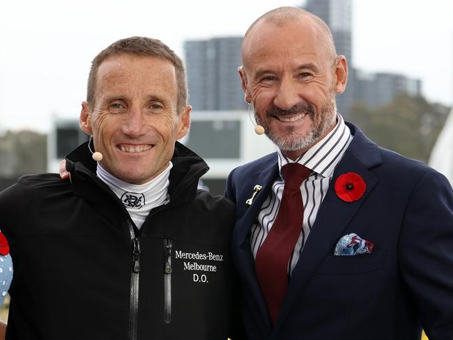 MELBOURNE , AUSTRALIA. November 11, 2023.  Champions Day races at Flemington Racecourse, Melbourne ..   Damien Oliver with fellow Melbourne Cup winning jockeys Michelle Payne and Glenn Boss       . Pic: Michael Klein