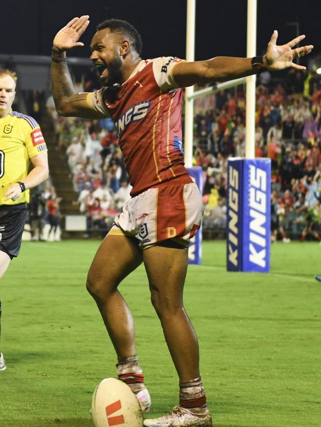 Hamiso Tabuai-Fidow celebrates scoring a try for the Dolphins. Picture: NRL Images