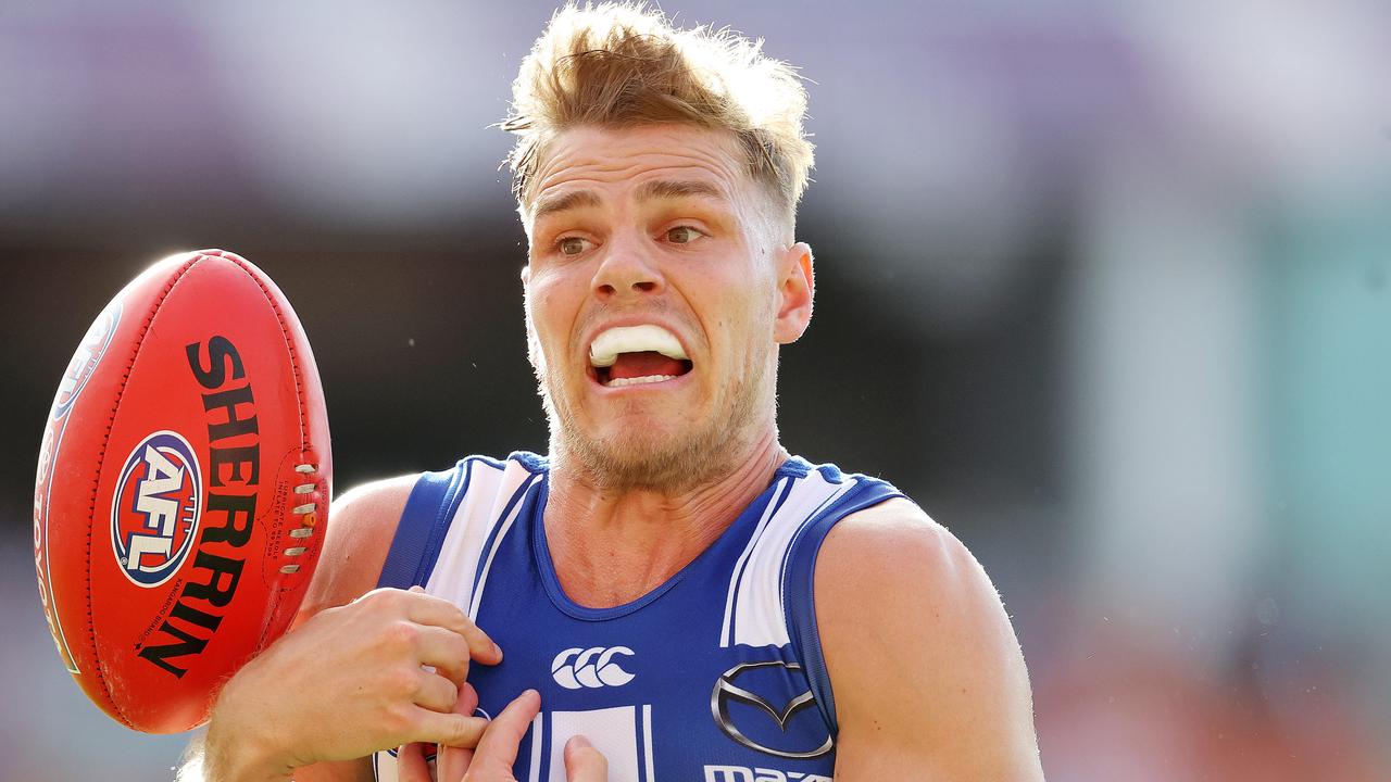 AFL Round 17. 12/09/2020. North Melbourne vs Fremantle at Metricon Stadium, Gold Coast..  Mason Wood of the Kangaroos  marks on the lead q3       . Pic: Michael Klein