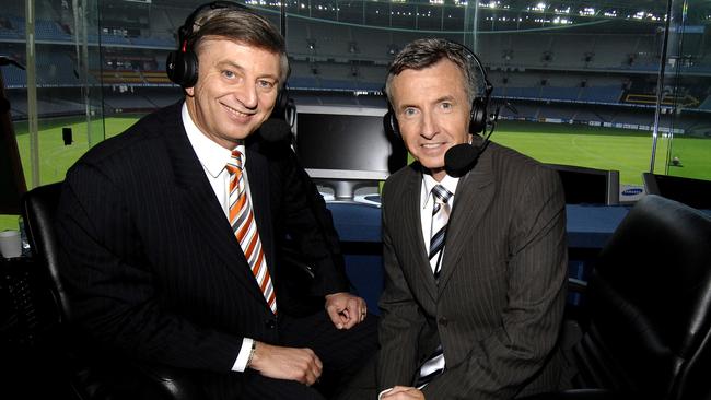 Dennis Cometti, left, in the Channel 7 commentary booth at Telstra Dome with Bruce McAvaney in 2007.