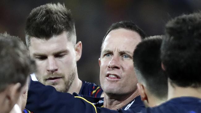 Crows coach Don Pyke addresses his players. Picture: Sarah Reed