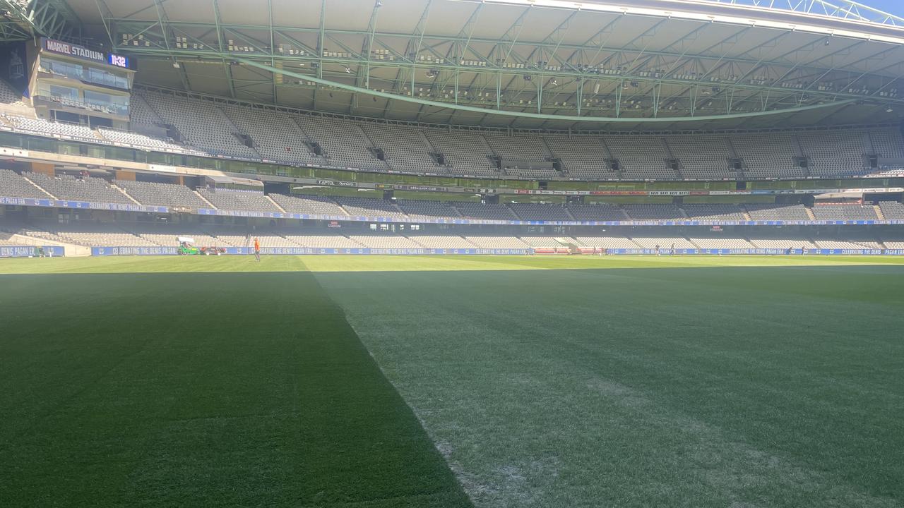 A strip of turf at Marvel Stadium has significantly less grass coverage following Pink's series of concerts at the venue over the last month. Picture: Ed Bourke