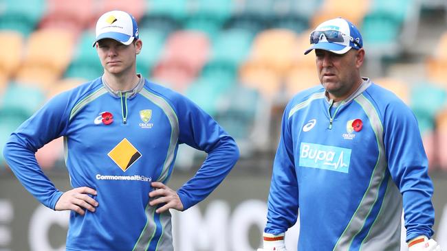 Australian captain Steve Smith with Australian coach Darren Lehmann. Picture: Nikki Davis-Jones