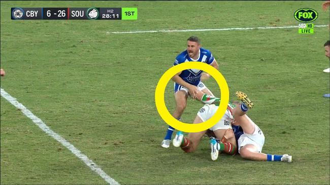 Not how Josh Reynolds expected his tackle to go. Photo: Fox League.