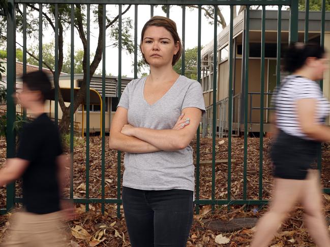 Chantelle Sarkis with her children Jake and Lara outside Concord High School where there are nine demountable classrooms. Picture: Sam Ruttyn