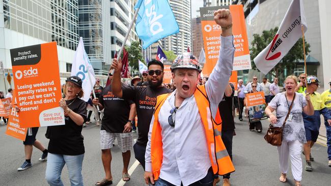 Workers protest the change to Sunday penalty rates in Brisbane. Picture: Darren England