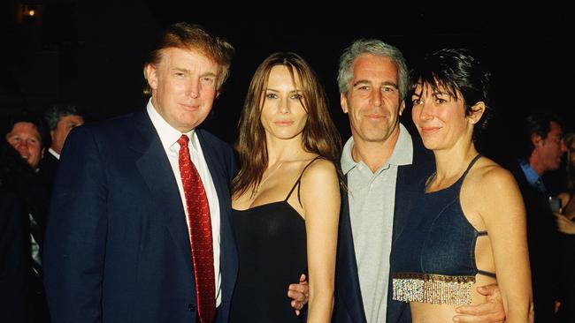 Donald Trump at Mar-a-Lago with his future wife, Melania, Jeffrey Epstein and Ghislaine Maxwell in 2000. Picture: Getty Images