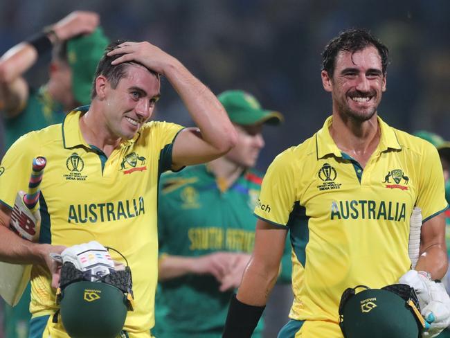 KOLKATA, INDIA - NOVEMBER 16: Australia's Mitchell Starc and Australia's captain Pat Cummins celebrate their team's win over South Africa during the ICC Men's Cricket World Cup 2023 semi final match between South Africa and Australia at Eden Gardens on November 16, 2023 in Kolkata, India. (Photo by Pankaj Nangia/Gallo Images/Getty Images)