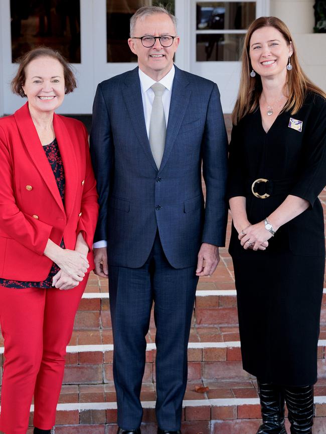 Tasmanian senator Carol Brown, Prime Minister Anthony Albanese and Minister Julie Collins after the swearing-in ceremony for ministers. Picture: prime ministers office