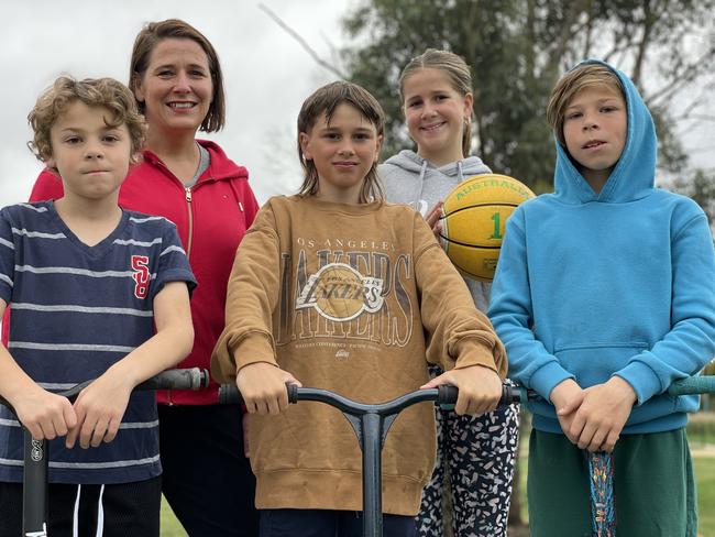 Brock, Will, Gage, Sophia, and Wendouree MP Juliana Addison at Sebastopol’s MR Power Park skate park.