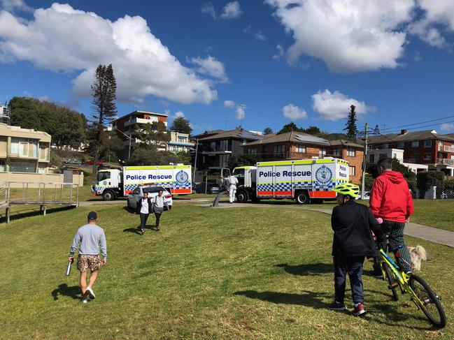 Emergency services arrive at the scene at Diamond Bay, Vaucluse this morning where a woman is believed to have died from misadventure.