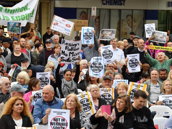 Locals gather to protest against the building of a youth justice centre in Werribee. Picture: Jake Nowakowski