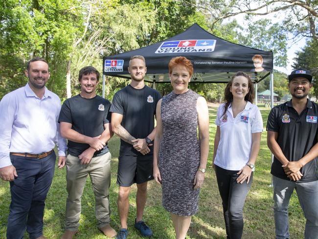 Matthew Stephen (far left), with Pauline Hanson, will contest the Queensland seat of Longman this weekend. Picture: AAP/Glenn Hun