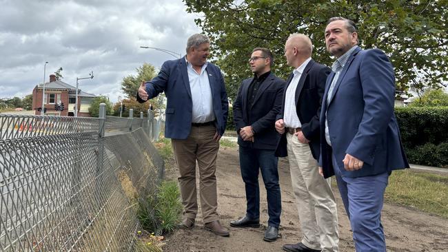 Infrastructure Minister Kerry Vincent, Civil Contractors Federation Tasmania Board Member and Fulton Hogan State Manager Matt Grundy, Liberal Candidate for Nelson Marcus Vermey, and Engineers Australia Tasmanian Division President Max Moller. Picture: Simon McGuire.