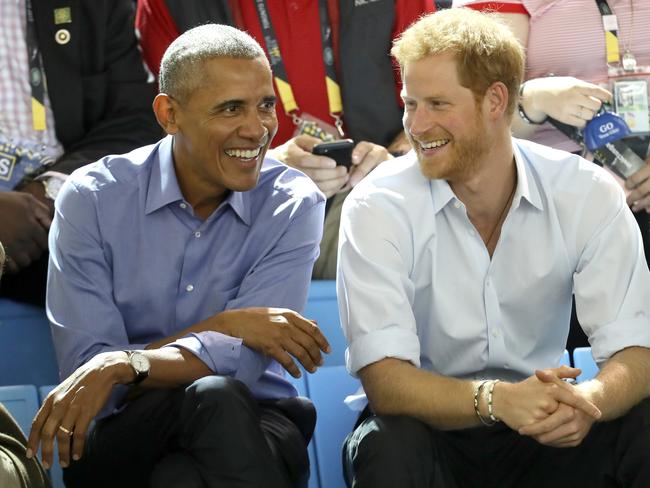 Former U.S. President Barack Obama and Prince Harry in 2017. Picture: Getty