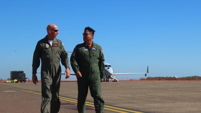 Air Commodore Micka Gray and Colonel Randy Pascua ahead of Mindil Market's Exercise Pitch Black 24 flyover. Picture: Harry Brill.