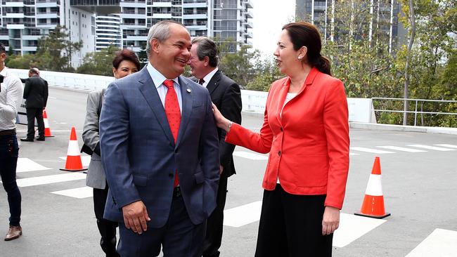 Premier Annastacia Palaszczuk with Gold Mayor Tom Tate at today’s launch of the Star Gold Coast’s new Dorsett hotel tower, the third for the Broadbeach island site. Cr Tate rejected the suggestion he was “at war” with the Premier’s State Government. Picture: Adam Head