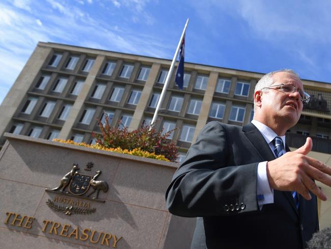 Australia's Treasurer Scott Morrison speaks during a press conference outside Treasury in Canberra, Monday, May 1, 2017. Scott Morrison is preparing the Budget which will be delivered on May 9, 2017. (AAP Image/Lukas Coch) NO ARCHIVING