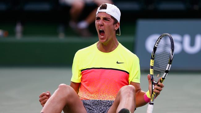 INDIAN WELLS, CA - MARCH 16: Thanasi Kokkinakis of Australia celebrates defeating Juan Monaco of Argentina during day eight of the BNP Paribas Open tennis at the Indian Wells Tennis Garden on March 16, 2015 in Indian Wells, California. (Photo by Julian Finney/Getty Images)