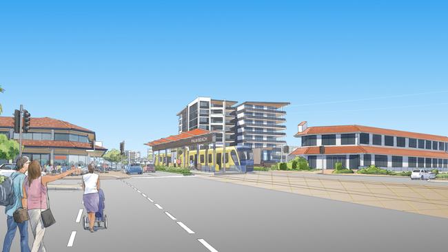 A digital rendering of the Palm Beach light rail route — see two lanes of traffic. Picture: TMR